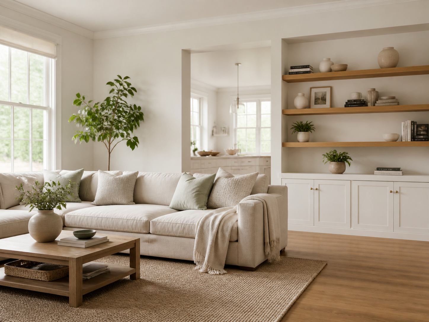 A bright, tidy living room with an organized shelf